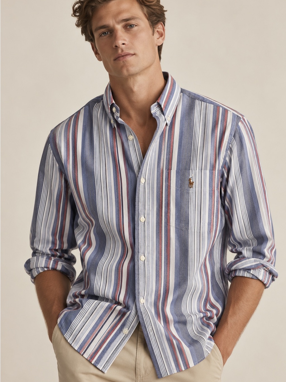 Polo by Ralph Lauren Blue, White and Red Striped Button-Down Oxford Cotton Shirt